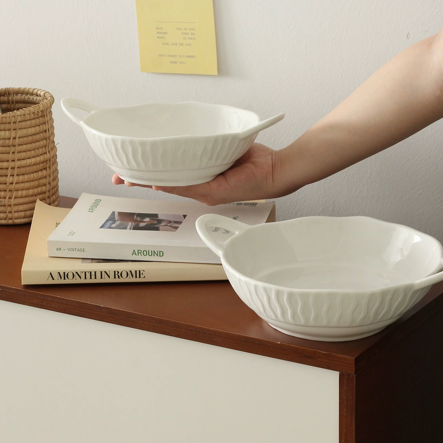 Nordic Double-Handle Ceramic Baking Dish - Vintage White Tableware