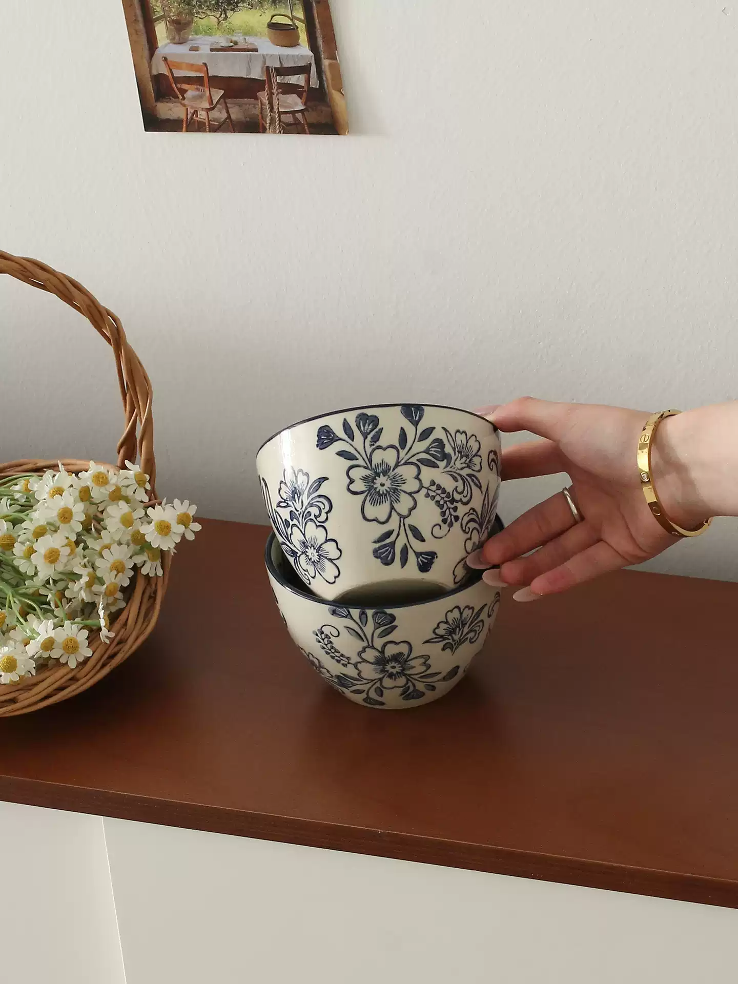 Nordic Blue Floral Ceramic Bowl - Hand-Painted Vintage Tableware