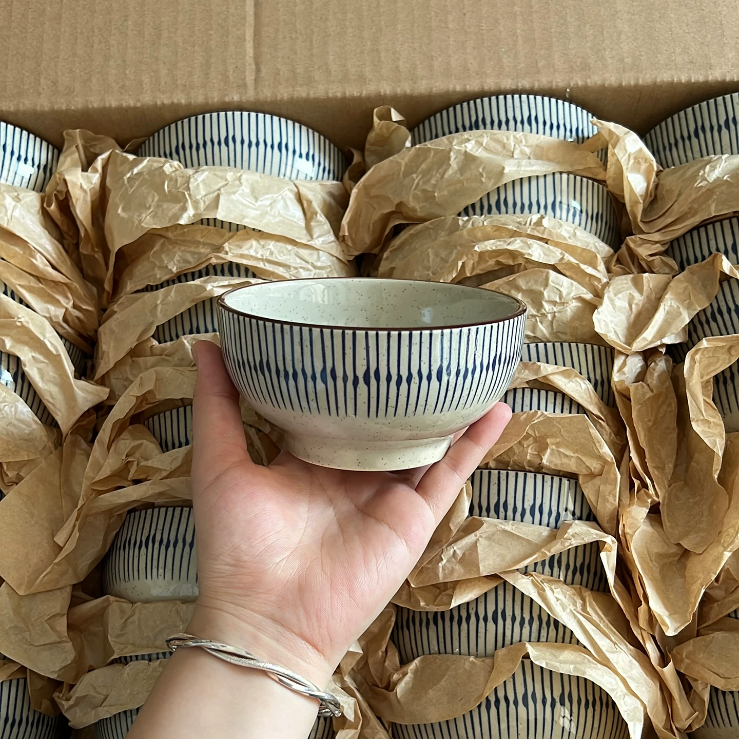 Japanese Style Blue Striped Ceramic Bowl - Vintage Tableware