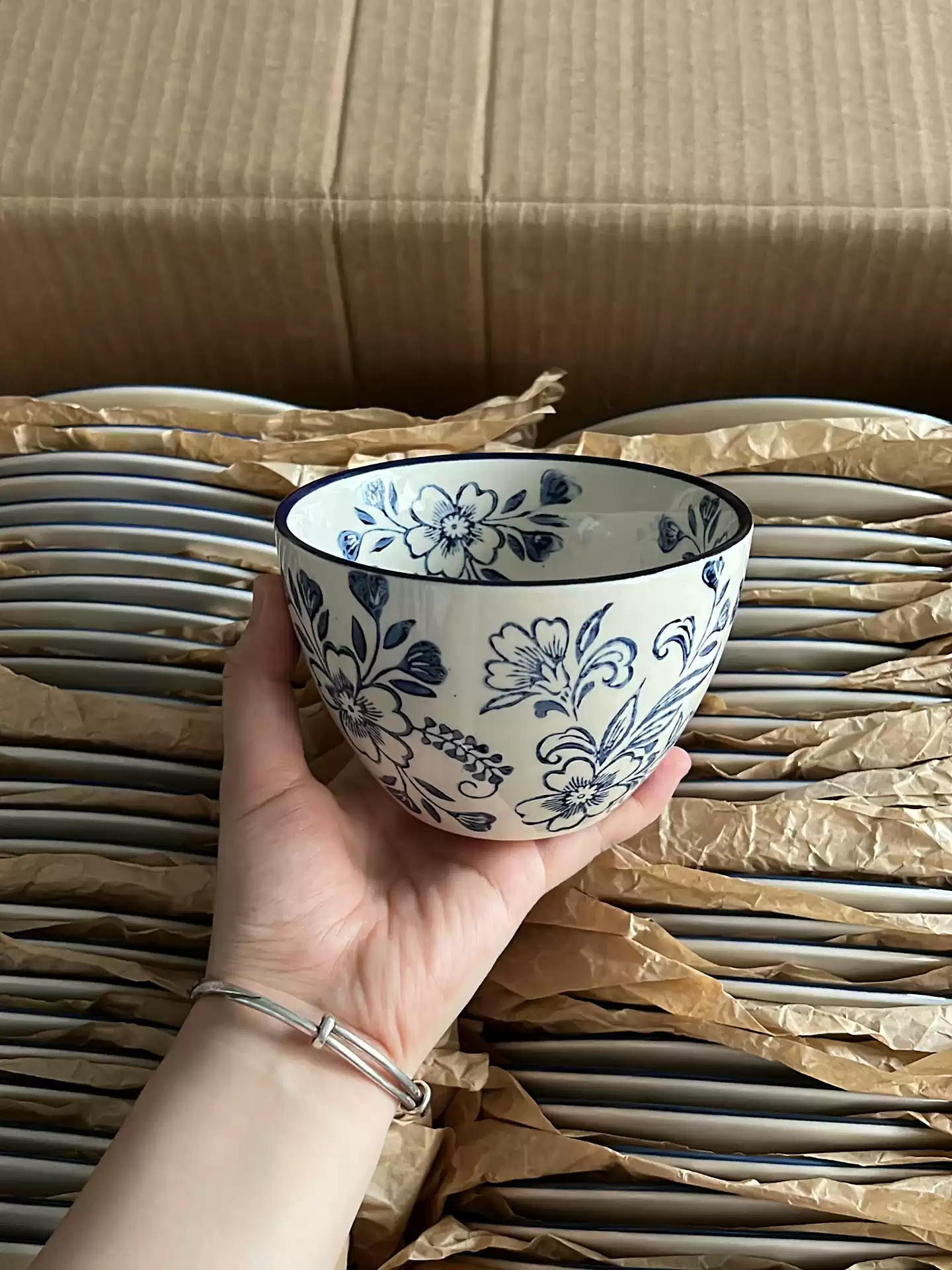 Nordic Blue Floral Ceramic Bowl - Hand-Painted Vintage Tableware