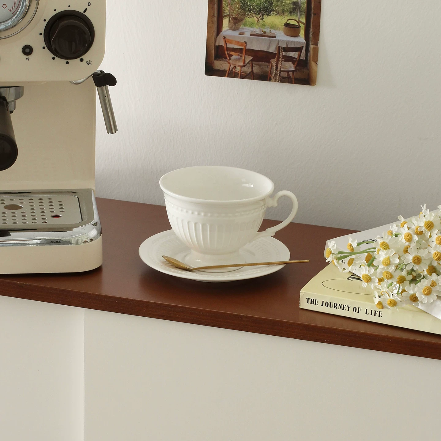 Nordic Vintage Beaded Ceramic Cup and Saucer Set - Elegant Coffee Tableware