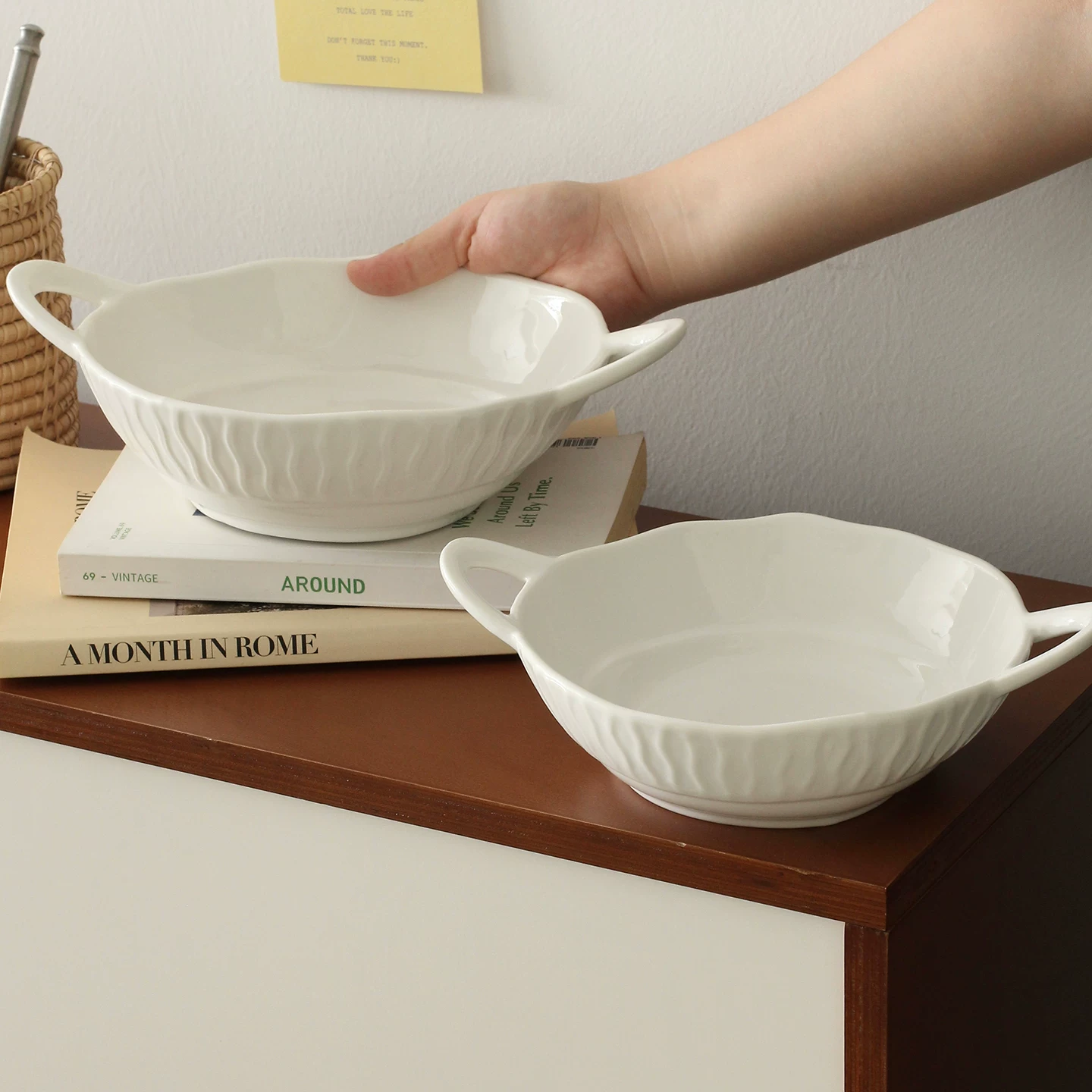 Nordic Double-Handle Ceramic Baking Dish - Vintage White Tableware