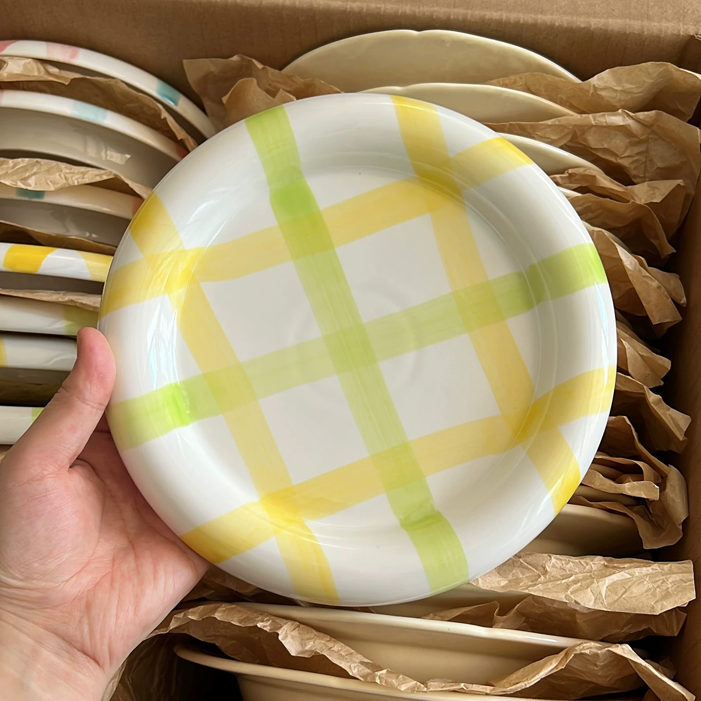 Nordic Plaid Ceramic Plate - Hand-Painted Yellow & Green Tableware