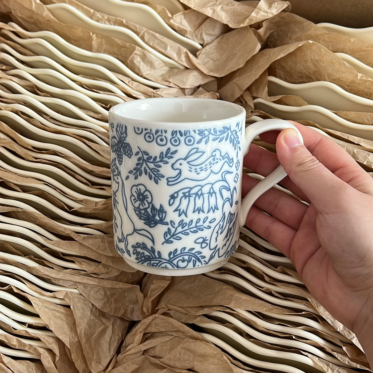 Nordic Forest Blue Ceramic Mug - Botanical Rabbit Coffee Cup