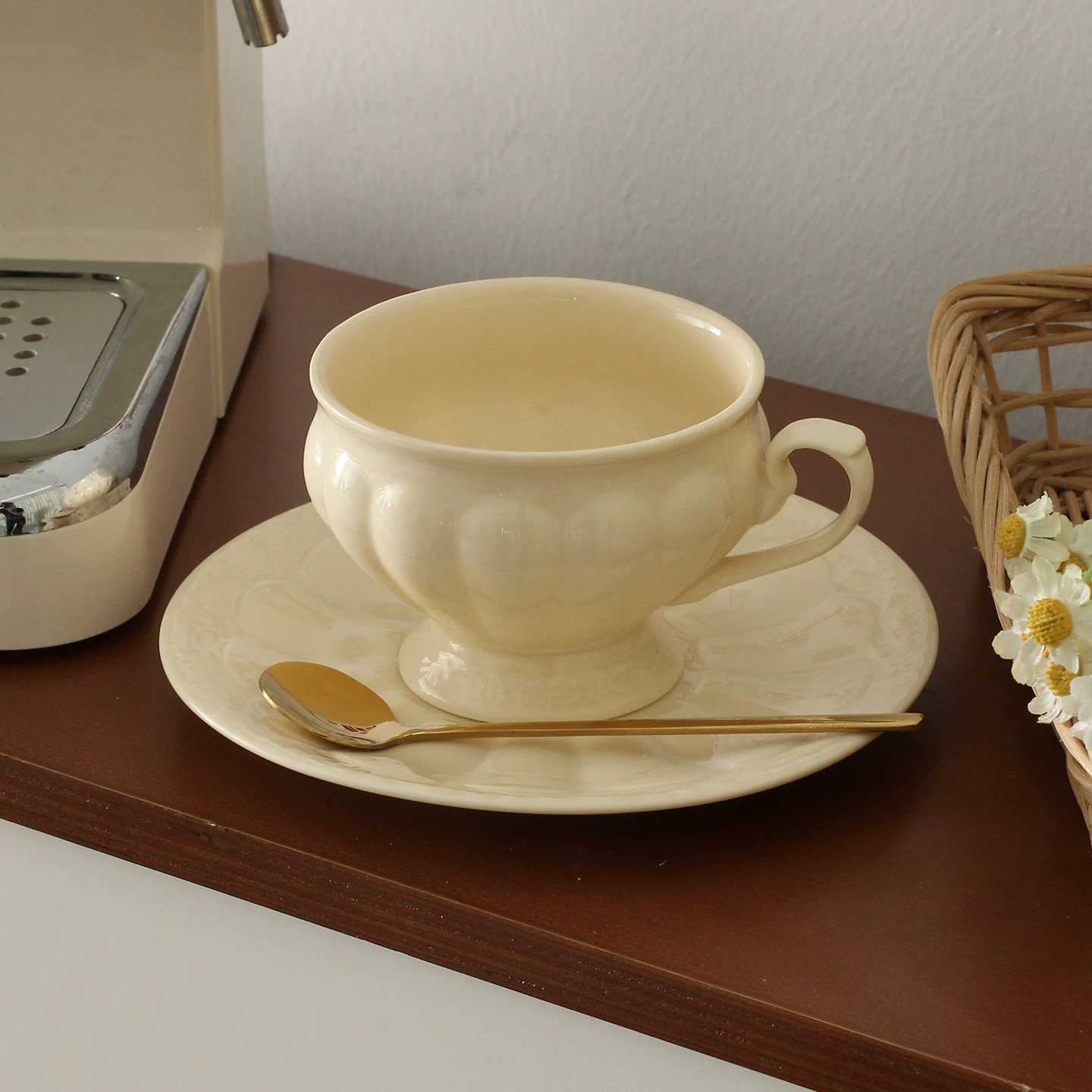 Nordic Pumpkin Relief Ceramic Cup and Saucer Set - Cream White Tableware