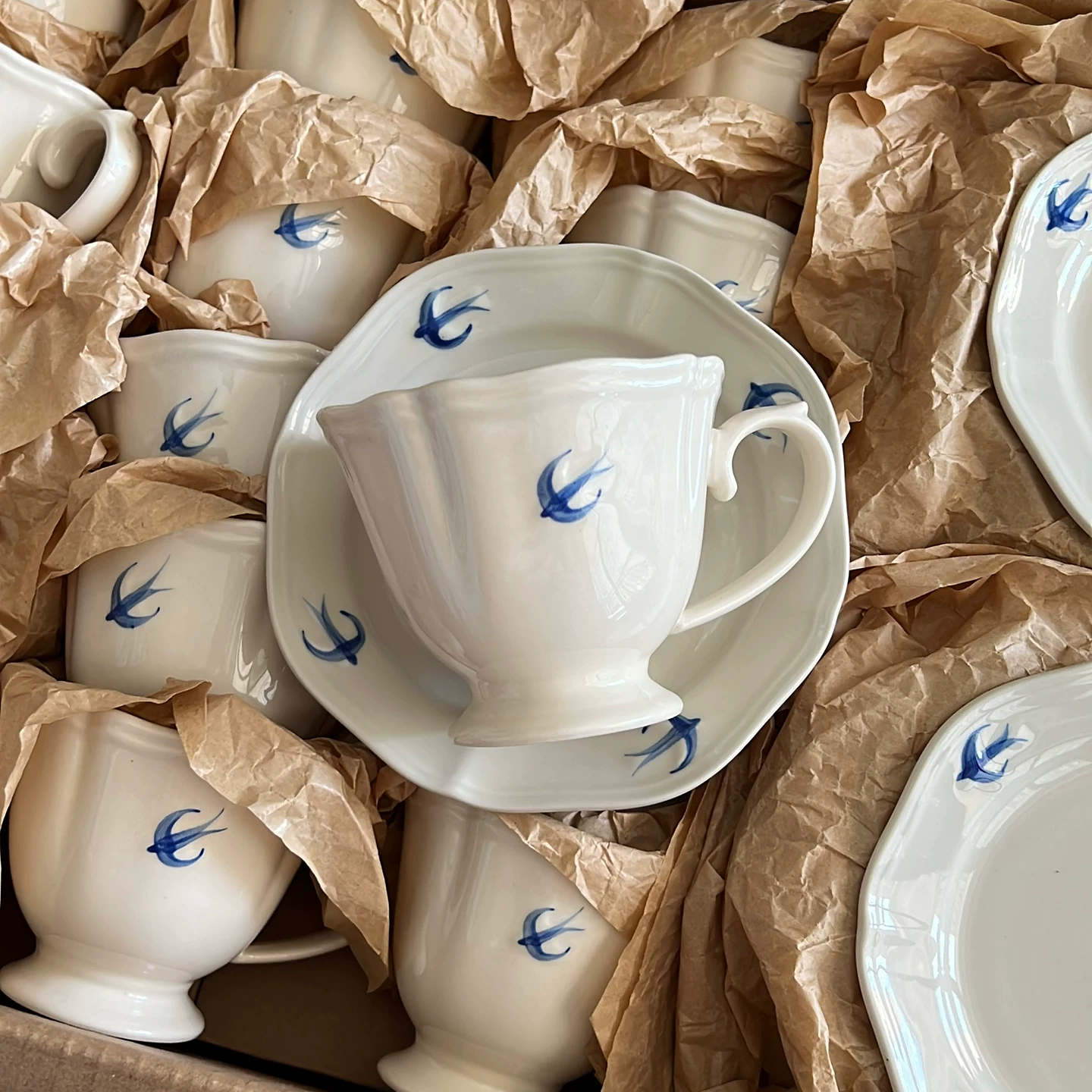 Nordic Blue Swallow Ceramic Cup and Saucer Set - Vintage Tableware