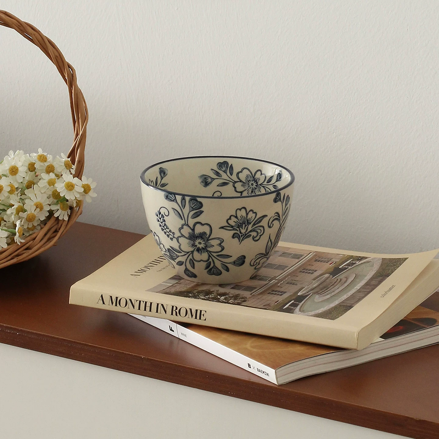 Nordic Blue Floral Ceramic Bowl - Hand-Painted Vintage Tableware