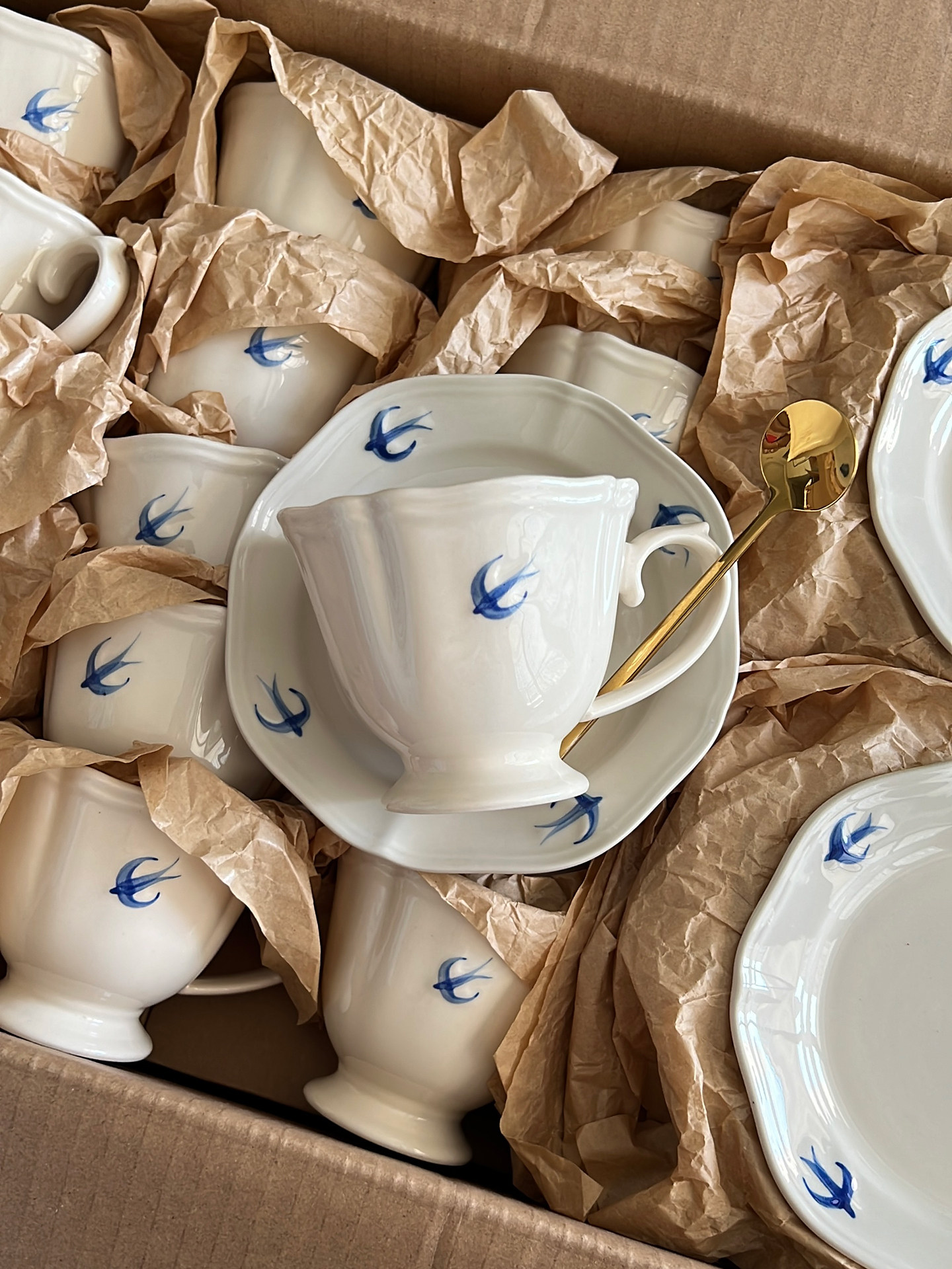 Nordic Blue Swallow Ceramic Cup and Saucer Set - Vintage Tableware
