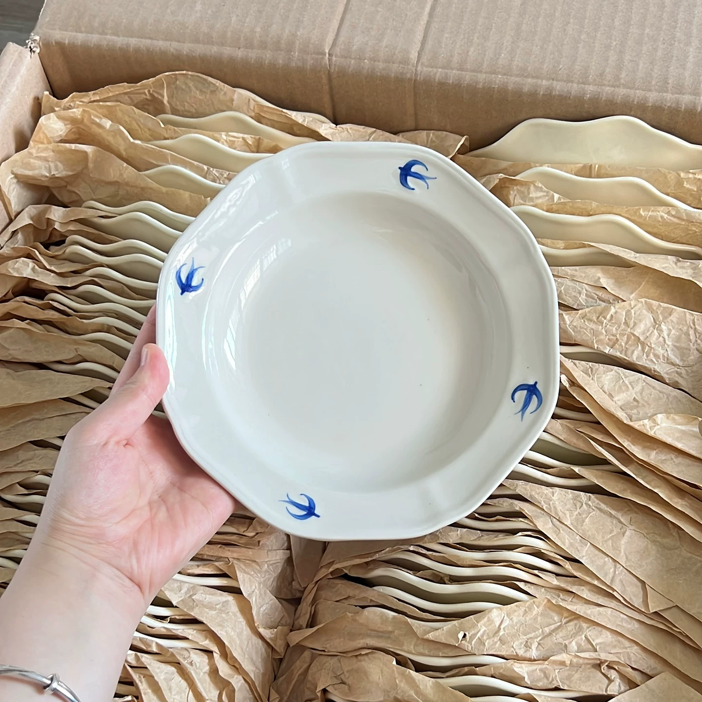 Nordic Blue Swallow Ceramic Plate - Hand-Painted Vintage Tableware
