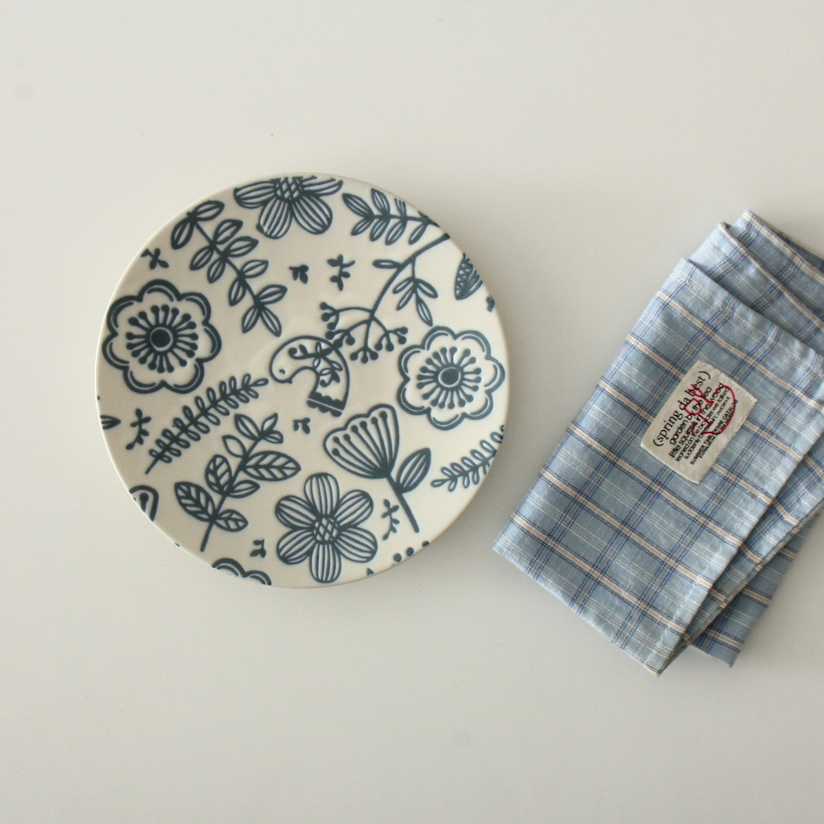 Nordic Blue Floral Ceramic Plate - Hand-Painted Vintage Tableware