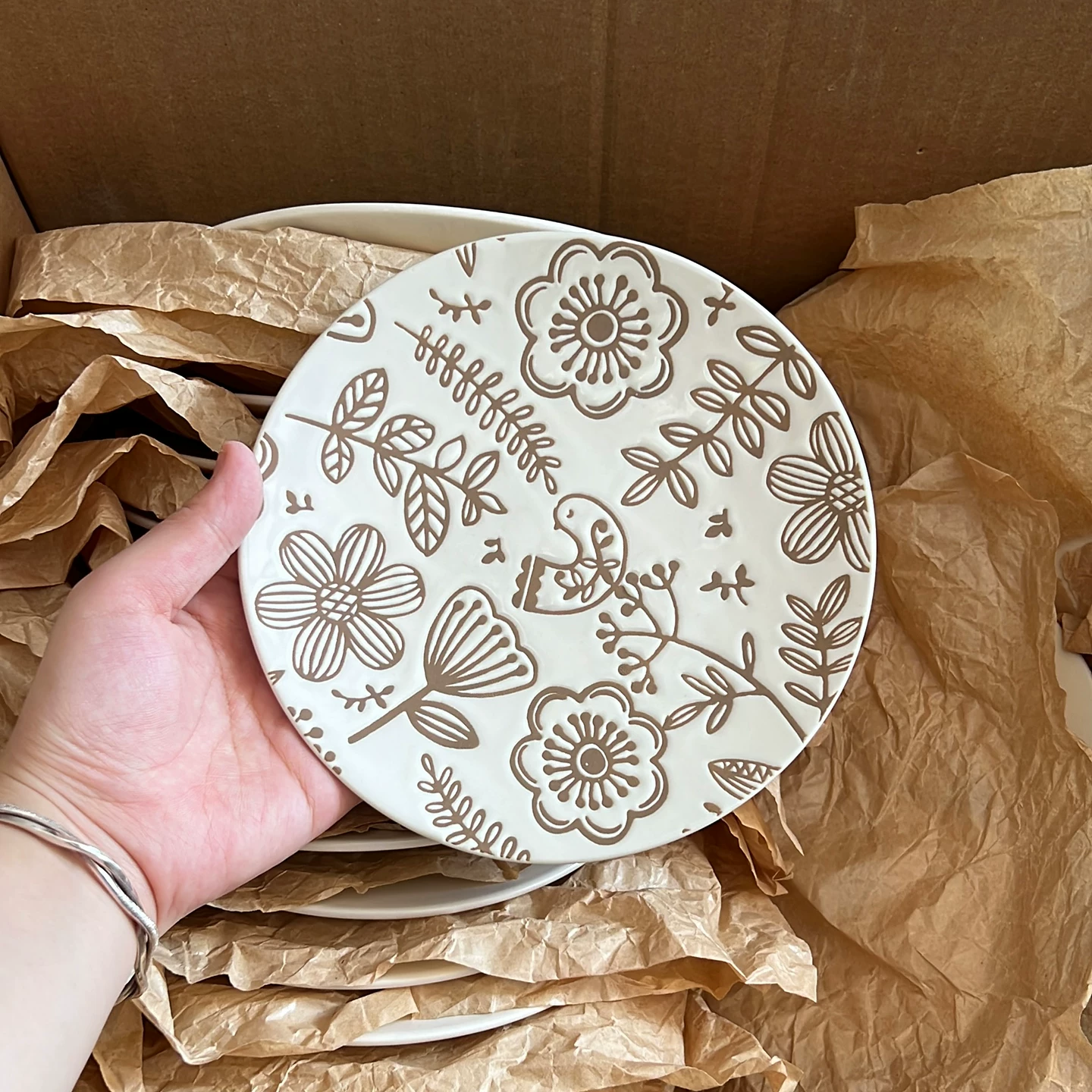 Nordic Brown Botanical Ceramic Plate - Vintage Floral Tableware